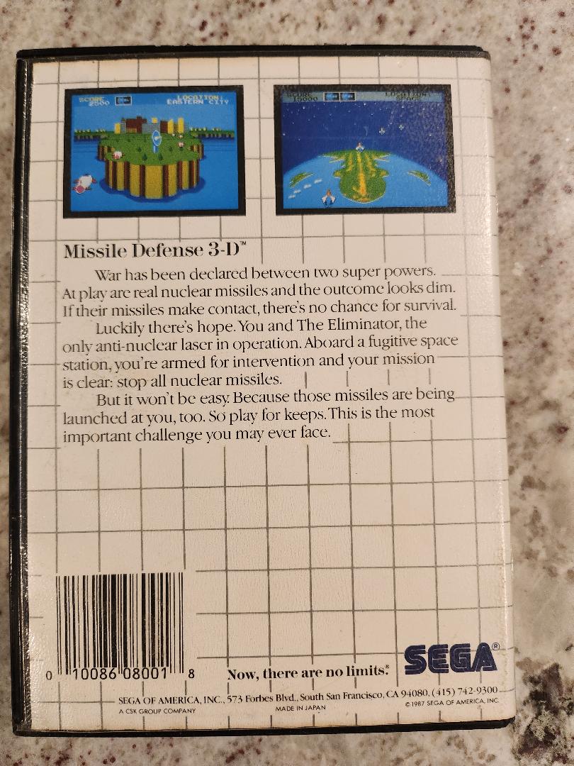 Missile Defense 3D Sega Master Cart. and Box Only