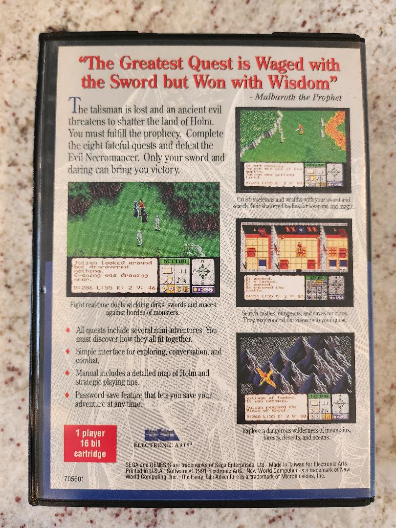 Le chariot Sega Genesis de Faery Tale Adventure. et boîte seulement