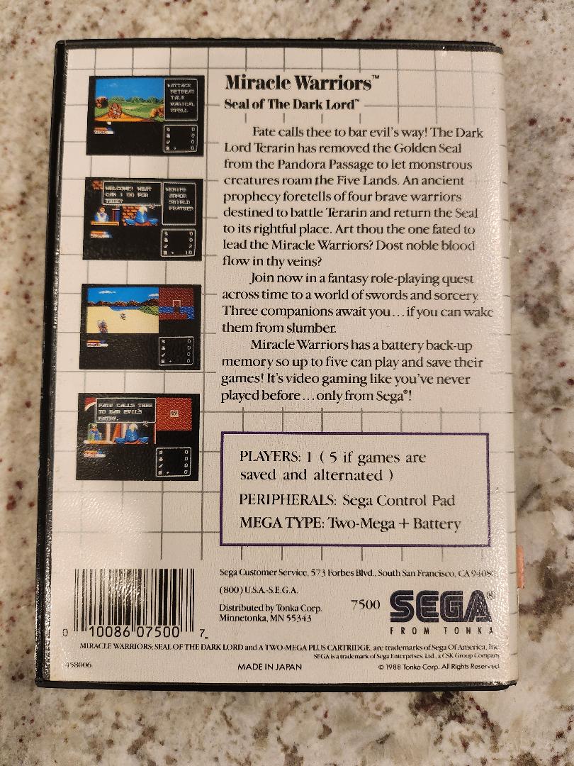 Miracle Warriors Sega Master Cart. Manual & Box