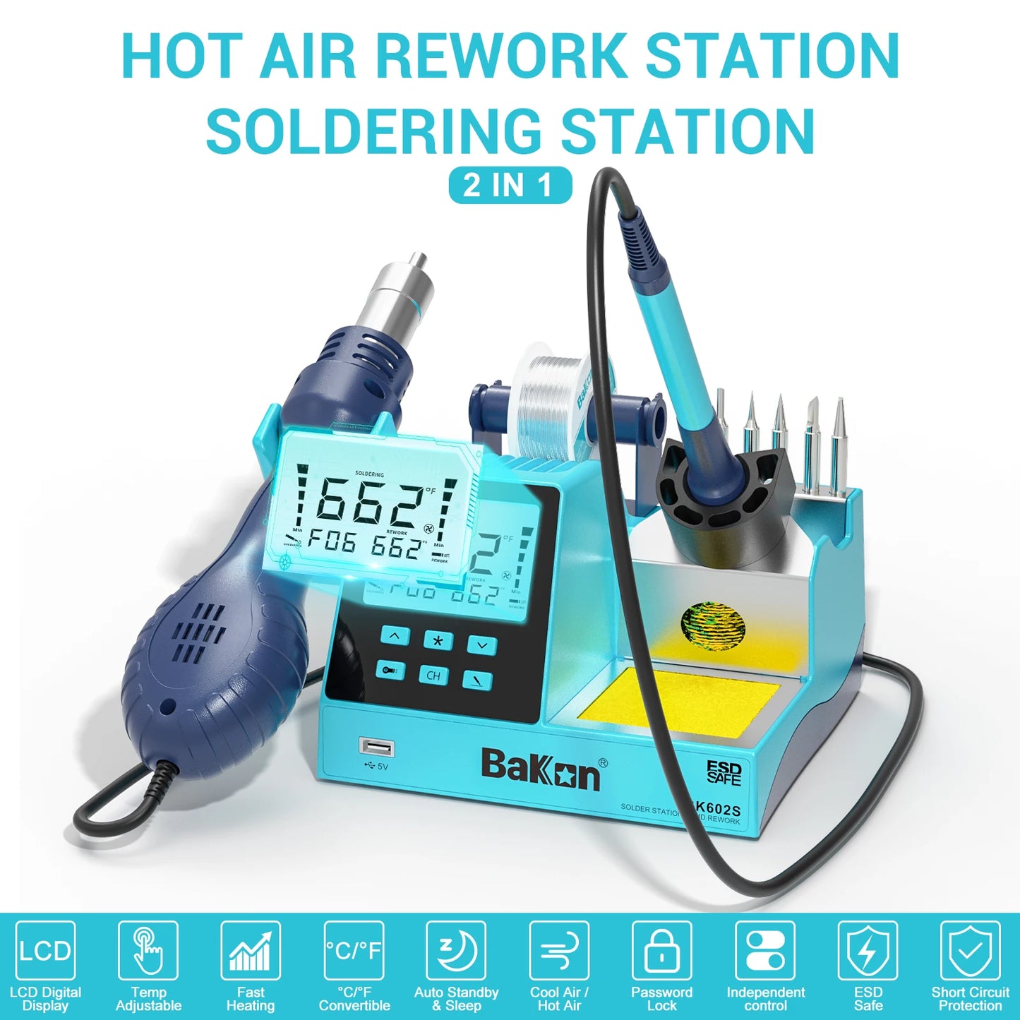 2024 NEW Bakon Soldering And Rework Station 2 in 1 Welding Machine Hot Air Gun Professional Cell Phone Game Repair Tool