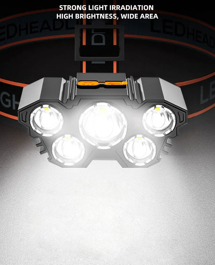 5 LED Headlamp Rechargeable with Built in Battery Strong Light