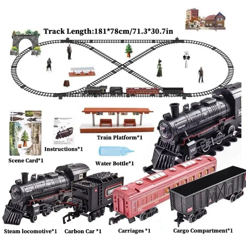 Classical Battery Operate Electric Railway Train Steam Locomotive Set - Lights & Sound