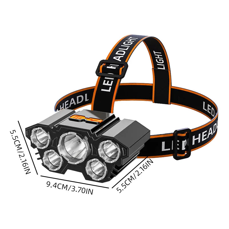 5 LED Headlamp Rechargeable with Built in Battery Strong Light