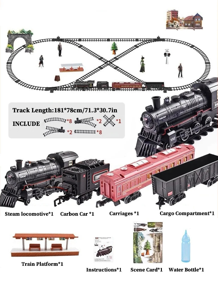 Classical Battery Operate Electric Railway Train Steam Locomotive Set - Lights & Sound