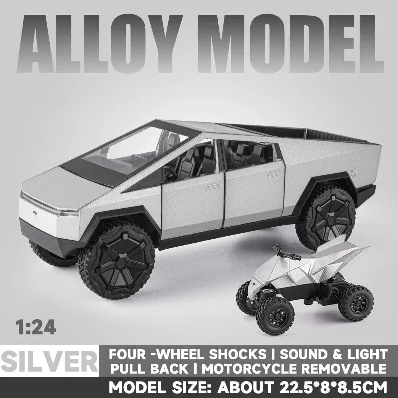 Alloy Model Car 1:24 Diecast Miniature Metal Tesla Cybertruck Toy w/ Lights