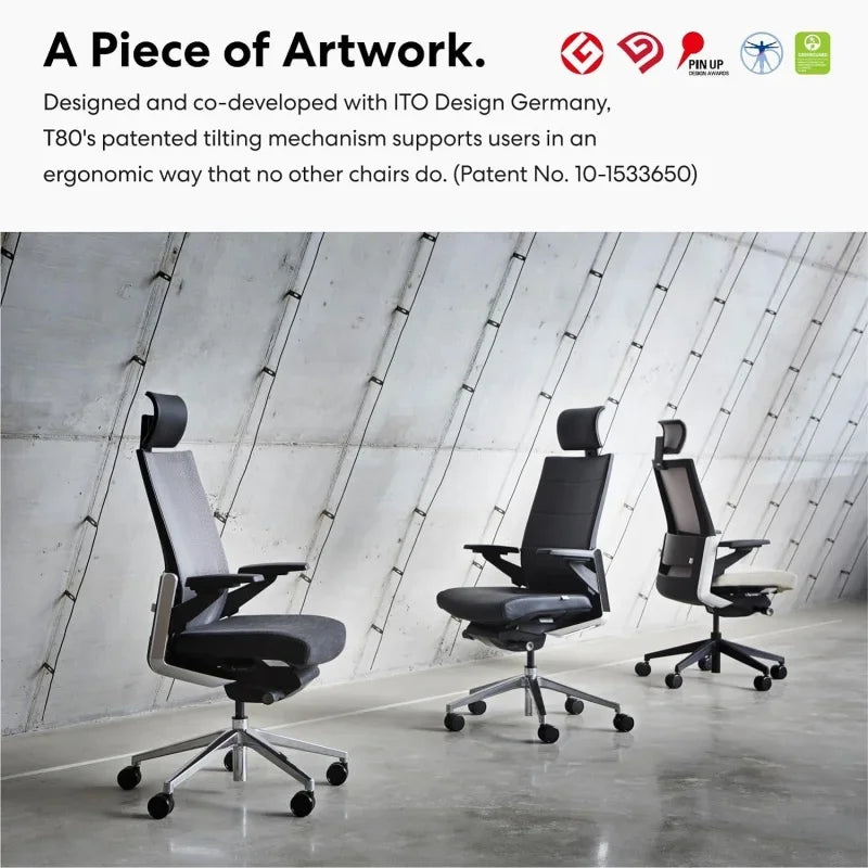 T80 Premium Ergonomic Office Chair : Extreme Comfort Home Office Desk Chair, Adjustable Headrest, Lumbar Support, 3D Armrests, F