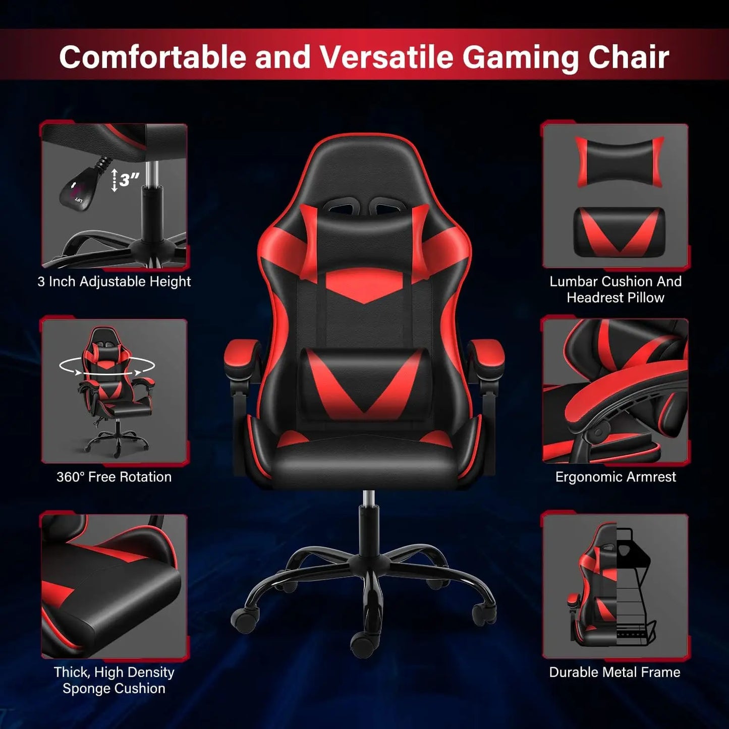 Gaming Chair, Backrest and Seat Height Adjustable Swivel Recliner Racing Office Computer Ergonomic Video Game Chair