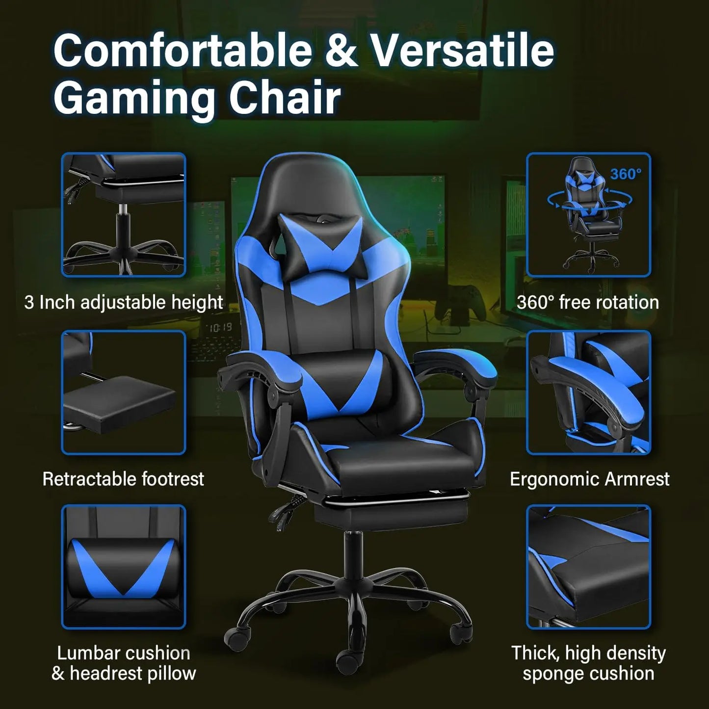 Gaming Chair, Backrest and Seat Height Adjustable Swivel Recliner Racing Office Computer Ergonomic Video Game Chair