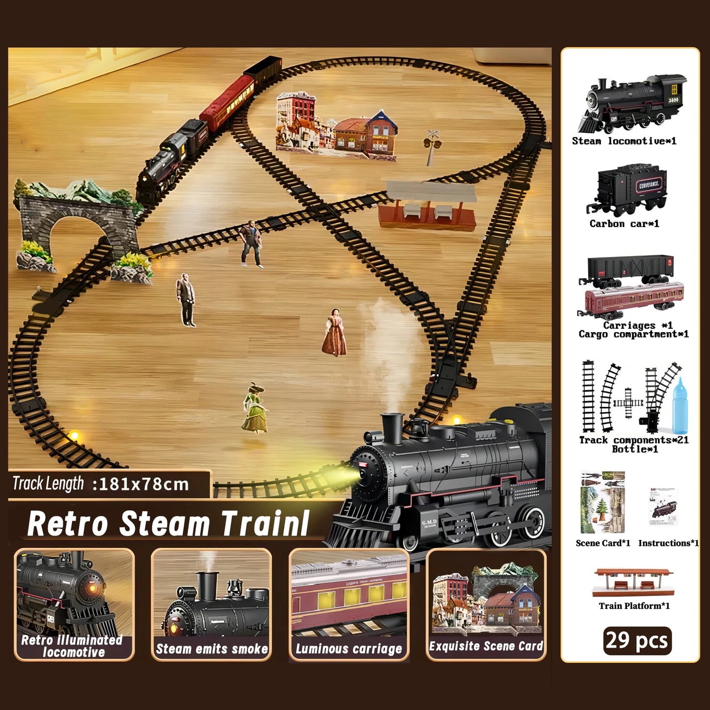 Classical Battery Operate Electric Railway Train Steam Locomotive Set - Lights & Sound