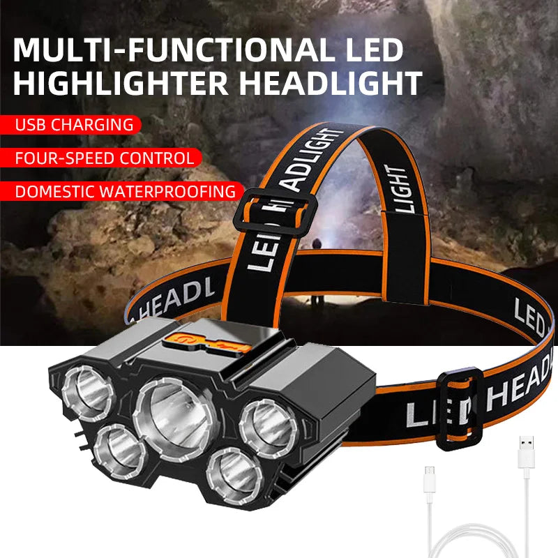 5 LED Headlamp Rechargeable with Built in Battery Strong Light