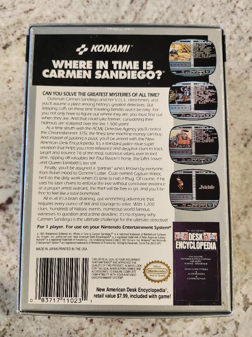 WHERE IN TIME IS CARMEN SANDIEGO NES Box and Game